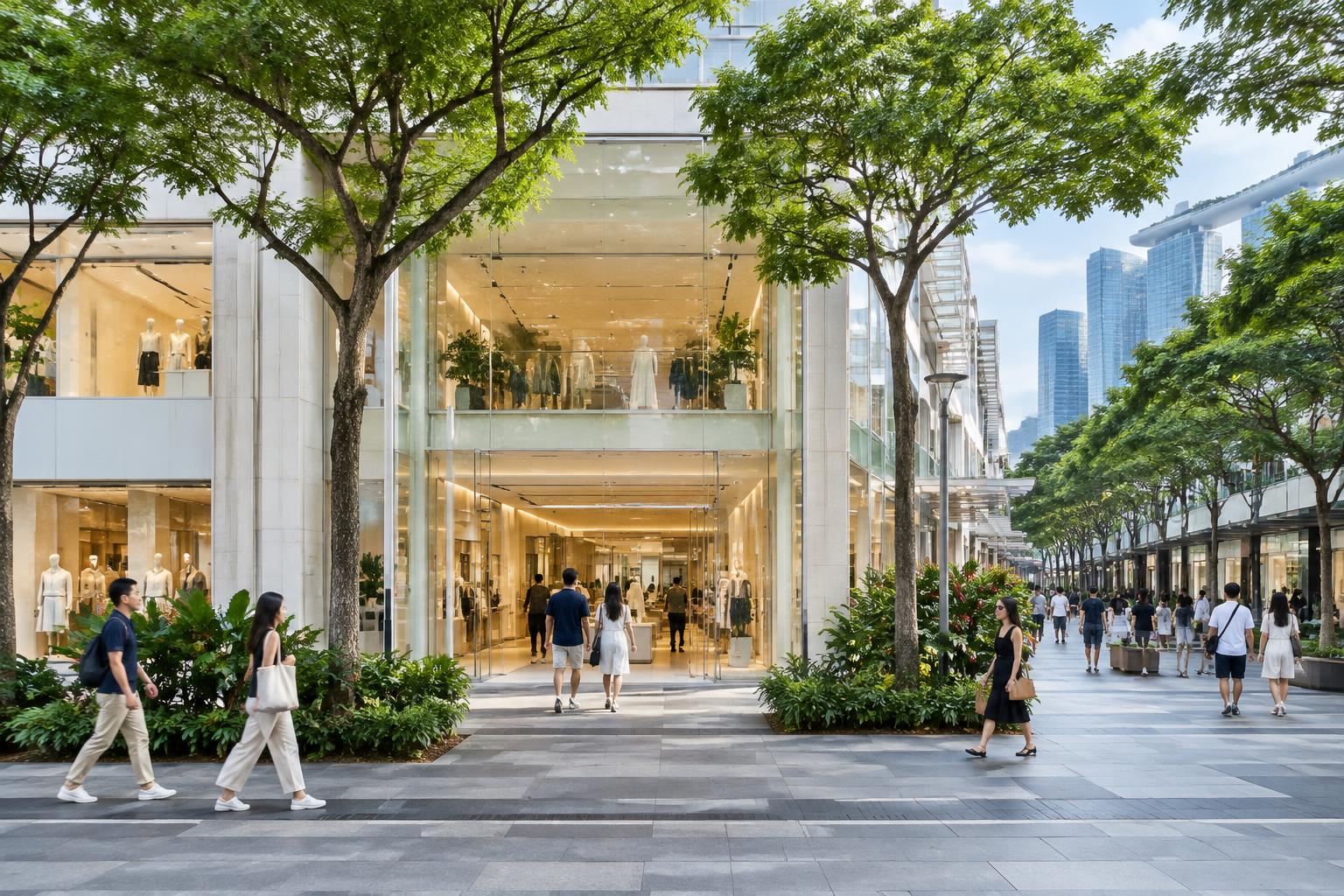 Illustrated international retail street, not a news photograph